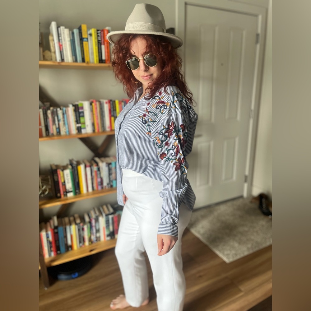 Striped Button Up with Floral Stitch Pattern